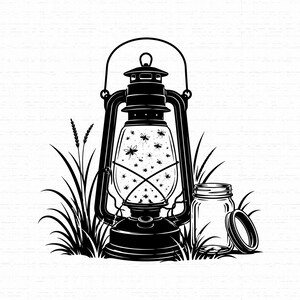 May include: A black and white graphic illustration of a vintage-style lantern filled with glowing fireflies, positioned next to an open glass mason jar. The scene is surrounded by tall blades of grass and wheat stalks, rendered in a clean, high-contrast style.