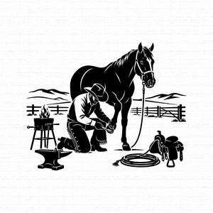 May include: A black and white graphic illustration depicting a farrier in a cowboy hat kneeling to shoe a horse. The scene includes a forge with a fire, an anvil, a coiled rope, and a saddle, set against a backdrop of a fence and distant hills.