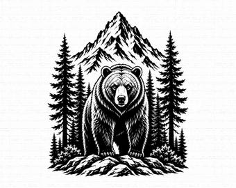 May include: A black and white graphic illustration featuring a large bear standing on a rocky outcrop. The background displays a dense forest of tall pine trees and a prominent, jagged mountain peak rising behind the bear in a detailed style.