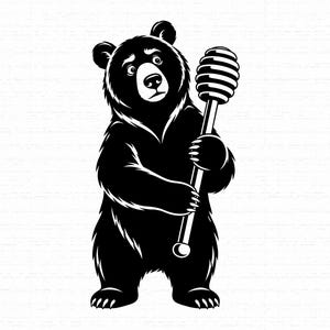 May include: A black and white graphic illustration of a standing bear holding a honey dipper. The bear is depicted in a solid black silhouette style with white highlights on its fur, face, and the honey dipper, set against a plain white background.