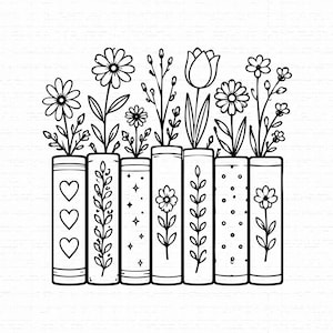 Könnte beinhalten: Eine schwarz-weiße Strichzeichnung mit sieben nebeneinander angeordneten vertikalen Büchern. Jeder Buchrücken ist mit einzigartigen Mustern wie Herzen, Sternen und Blumenmotiven verziert, wobei verschiedene Blumen aus den Oberseiten ragen.