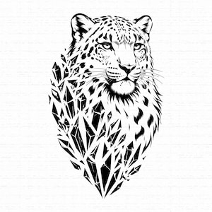 May include: A black and white graphic illustration of a leopard head. The lower portion of the leopard's neck and chest transitions into a cluster of sharp, geometric crystal shapes. The design features high contrast lines and detailed fur spots.