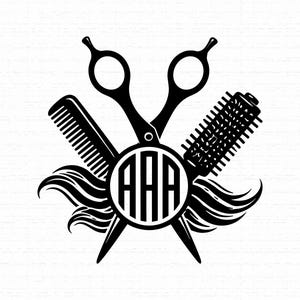 May include: A black graphic design featuring a pair of crossed hair cutting scissors, a hair comb, and a round hair brush. At the center, a circular monogram contains the letters AAA. The entire design is set against a white background.