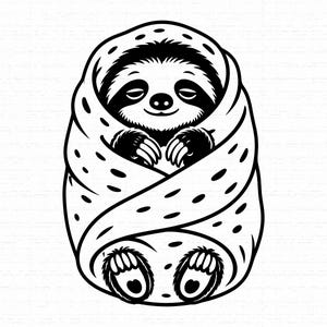 Może przedstawiać: Czarno-biała graficzna ilustracja leniwca owiniętego w kropkowany kocyk. Leniwiec ma zamknięte oczy i delikatny uśmiech, przednie pazury są widoczne przy twarzy, a tylne stopy wystają u dołu owinięcia.