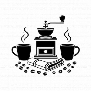 May include: A black graphic illustration featuring a central manual coffee grinder, flanked by two steaming mugs. Below the grinder sits a folded newspaper, surrounded by scattered coffee beans, all presented against a plain white background.