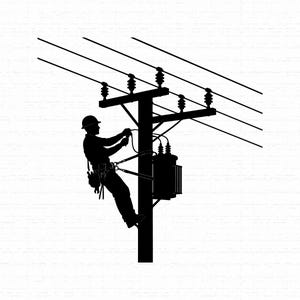 May include: A black silhouette graphic showing a utility worker wearing a hard hat and safety harness, positioned on a wooden utility pole while performing maintenance on electrical equipment and power lines attached to the crossarm.