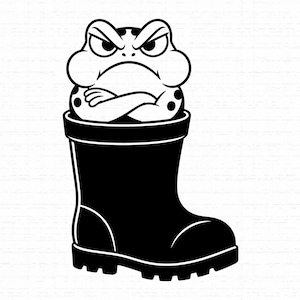 Könnte beinhalten: Eine schwarz-weiße grafische Illustration einer mürrischen Kröte mit verschränkten Armen, die in einem hohen schwarzen Gummistiefel sitzt. Die Kröte hat einen runden Körper mit sichtbaren Flecken und einen strengen Gesichtsausdruck.