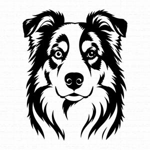 Può includere: Un'illustrazione grafica in bianco e nero ad alto contrasto di una testa di cane, nello specifico un Border Collie, caratterizzata da dettagliate texture del pelo, orecchie a punta e segni facciali simmetrici con un naso nero.