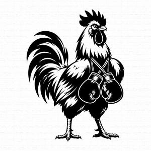 May include: A black and white graphic illustration of a rooster standing in profile. The rooster is wearing a pair of boxing gloves hanging around its neck by their laces. The design features bold, high-contrast lines and solid black shapes.