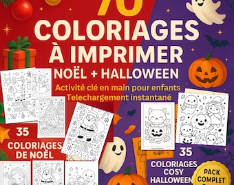 Puede incluir: Imagen promocional de páginas para colorear imprimibles de Navidad y Halloween. El texto dice "70 COLORIAGES À IMPRIMER NOËL + HALLOWEEN". La imagen presenta ilustraciones de personajes festivos como Papá Noel, calabazas y fantasmas. Actividad descargable para niños.
