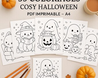 Kawaii Halloween Cozy Coloring Pages to Print – PDF A4 Instant Download, Pumpkin Ghost Mug, Activity for Kids and Adults