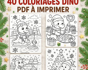 Dibujos para colorear de dinosaurios navideños en PDF | 40 páginas imprimibles para niños | Dibujos para colorear de dinosaurios navideños para niños | Actividad de invierno imprimible