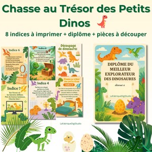 Puede incluir: Un colorido juego educativo con tem&aacute;tica de dinosaurios. El conjunto incluye ocho pistas imprimibles, un diploma y piezas recortables. El t&iacute;tulo "Chasse au Tr&eacute;sor des Petits Dinos" se muestra en la parte superior. Se incluyen varias ilustraciones de dinosaurios y texto.