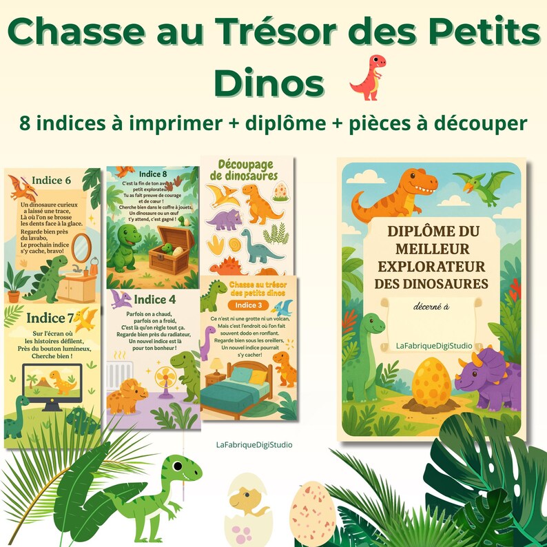 Puede incluir: Un colorido juego educativo con tem&aacute;tica de dinosaurios. El conjunto incluye ocho pistas imprimibles, un diploma y piezas recortables. El t&iacute;tulo "Chasse au Tr&eacute;sor des Petits Dinos" se muestra en la parte superior. Se incluyen varias ilustraciones de dinosaurios y texto.