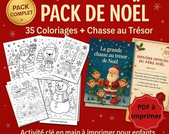 Puede incluir: Un pack de actividades navideñas con páginas para colorear y una búsqueda del tesoro. El pack incluye 35 páginas para colorear, un libro de búsqueda del tesoro y un diploma imprimible. El texto de la imagen dice "Pack de Noël" y "PDF à imprimer".
