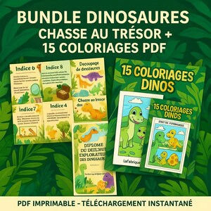 Puede incluir: Un paquete de actividades imprimibles con tem&aacute;tica de dinosaurios. La imagen presenta una colecci&oacute;n de tarjetas coloridas y p&aacute;ginas para colorear con ilustraciones de dinosaurios. El texto incluye "BUNDLE DINOSAURES", "CHASSE AU TR&Eacute;SOR" y "15 COLORIAGES DINOS".