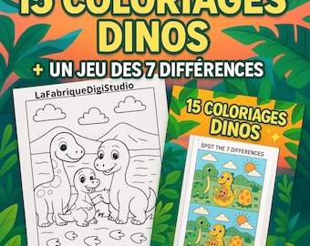 Dibujos de dinosaurios para colorear para niños en PDF: 15 páginas para colorear + Juego de buscar las diferencias - Actividades imprimibles de cumpleaños de dinosaurios