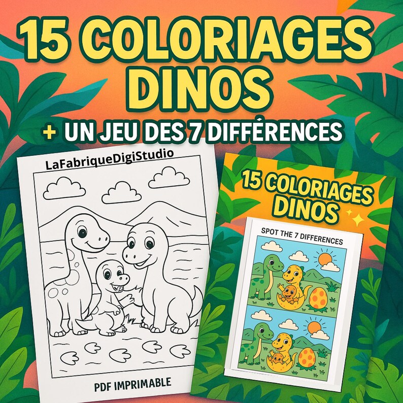 May include: Two coloring book covers with dinosaur illustrations. The first cover features three dinosaurs and the text "15 COLORIAGES DINOS + UN JEU DES 7 DIFFERENCES" and "PDF IMPRIMABLE". The second cover says "15 COLORIAGES DINOS" and "SPOT THE 7 DIFFERENCES".