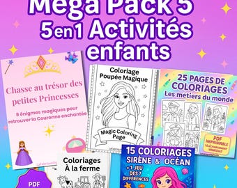 Puede incluir: Una colección de libros de actividades imprimibles para niños. Los libros incluyen páginas para colorear, una búsqueda del tesoro y una actividad con temática de sirenas. El texto en los libros incluye "Mega Pack 5", "Coloriage" y "PDF Imprimible".