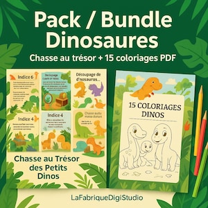 Puede incluir: Un paquete de p&aacute;ginas de actividades con tem&aacute;tica de dinosaurios. El paquete incluye una b&uacute;squeda del tesoro y 15 p&aacute;ginas para colorear. La portada del libro para colorear presenta una familia de dinosaurios. Se ven l&aacute;pices de colores rojos, amarillos y verdes.