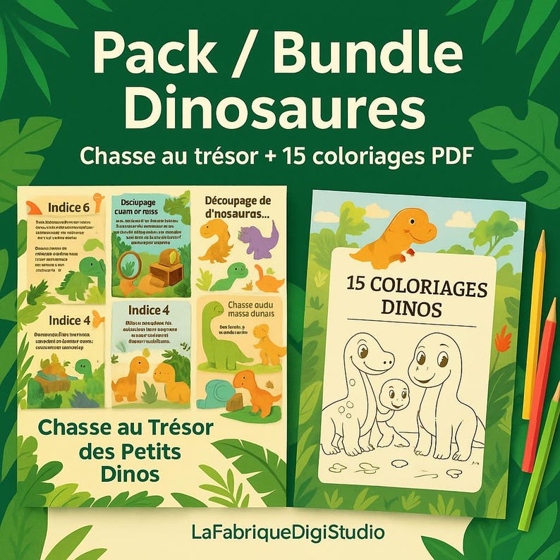 Puede incluir: Un paquete de p&aacute;ginas de actividades con tem&aacute;tica de dinosaurios. El paquete incluye una b&uacute;squeda del tesoro y 15 p&aacute;ginas para colorear. La portada del libro para colorear presenta una familia de dinosaurios. Se ven l&aacute;pices de colores rojos, amarillos y verdes.