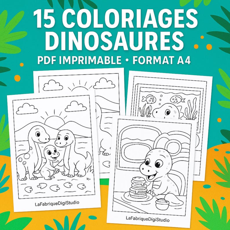 May include: A collection of 15 dinosaur coloring pages. The pages feature various dinosaur illustrations in a black and white line art style. Text at the top reads "15 COLORIAGES DINOSAURES PDF IMPRIMABLE &bull; FORMAT A4". The LaFabriqueDigiStudio logo is at the bottom of each page.