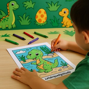 May include: A child coloring a dinosaur-themed picture with orange crayon. The coloring page features a green dinosaur, water, and plants. Crayons in green, purple, red, and orange are on the table. The background has dinosaur illustrations and the text "LaFabriqueDigiStudio".