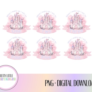 Könnte beinhalten: Ein digitaler Download mit sechs rosa und blauen Schlossillustrationen, jeweils mit einer Zahl von eins bis sechs. Der Text "When I wake up I will be" steht über jedem Schloss. Der Text "PNG - DIGITAL DOWNLOAD" ist ebenfalls enthalten.