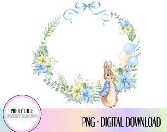 Marco floral con conejito bebé PNG, corona azul, diseño para baby shower (descarga digital)