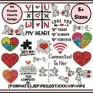 Könnte beinhalten: Eine Sammlung von Designs zum Thema Herzen, darunter Puzzleteile, Tic-Tac-Toe und die Sätze „Love You“, „My Heart“ und „Connected To Her“. Das Bild zeigt auch den Text „16+ Puzzle Hearts Design“ und „5+ Sizes“.