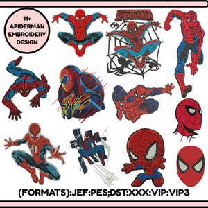 May include: A collection of 11+ Spider-Man embroidery designs. The designs feature various poses and styles of the superhero in red and blue. The designs include the text "APIDERMAN EMBROIDERY DESIGN" and "SPIDER-MAN". Formats include JEF, PES, DST, XXX, VIP, and VIP3.