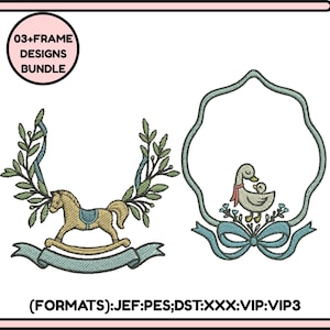 May include: An embroidery design bundle featuring two frame designs. One design showcases a rocking horse with a banner, and the other features a mother duck with a baby duck inside a scalloped frame, with a bow at the bottom. The designs are in shades of tan, blue, and green.