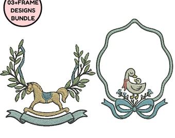 Maskinbroderidesign med rosett och blommig ram, paket med blommig vapensköld, broderi med vintagekrans, vapensköldramar, design i 3+ storlekar, direktnedladdningsbara filer