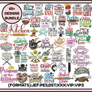 Peut inclure: Un ensemble de plus de 60 motifs sur le thème de la cuisine, avec des phrases comme "Cuisiner avec amour" et "Chef en formation". Les motifs comprennent des illustrations d'ustensiles de cuisine, de nourriture et de citations.