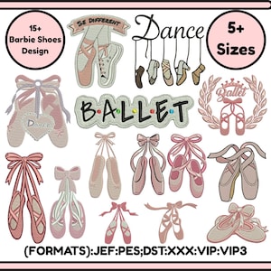 May include: An image featuring various ballet shoe designs in shades of pink and beige. The word "Dance" is displayed in cursive, and the word "BALLET" is spelled out in colorful letters. The image also includes the text "15+ Barbie Shoes Design" and "5+ Sizes".