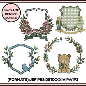 May include: A digital design bundle featuring four embroidered frame designs. The frames include floral wreaths, a shield with teddy bears, and a blue frame with a bird. The text "04+FRAME DESIGNS BUNDLE" is in a circle.