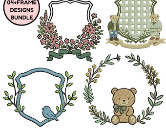 Maskinbroderidesign med blomram, blommig vapensköldbroderi, vintagekrans, vapensköldramsdesign i 3+ storlekar, PES-filer för direktnedladdning