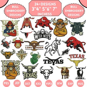 May include: A collection of bull embroidery designs in various styles, including cartoon and realistic depictions. The designs feature the text "TEXAS", "WILD WEST", and "LONG HORN". Sizes range from 3 to 7 inches.