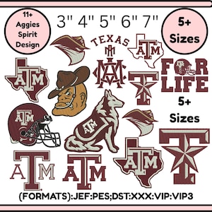 Könnte beinhalten: Eine Sammlung von 11+ kastanienbraunen und weißen Aggies-Stickmustern in den Größen 7,6, 10,2, 12,7, 15,2 und 17,8 cm. Enthält das ATM-Logo, Texas-Umrisse, ein Maskottchen, einen Football-Helm und den Text FOR LIFE. Formate: JEF, PES, DST, XXX, VIP, VIP3.