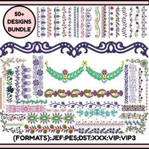 May include: A collection of embroidered border designs in various colors and styles. The image includes floral, geometric, and ornamental patterns. Text in a pink circle reads "50+ DESIGNS BUNDLE". The bottom of the image includes the text "(FORMATS): JEF:PES;DST:XXX:VIP:VIP3".