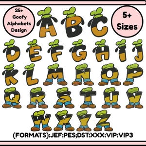 May include: A full alphabet design with each letter styled as a cartoon character. The letters are in various colors, including black, orange, and yellow, with green hats and brown shoes. The design includes the text "25+ Goofy Alphabets Design" and "5+ Sizes".