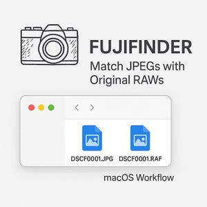 Puede incluir: Ilustración digital con un icono de cámara y el texto "FUJIFINDER Match JPEGs with Original RAWS". Debajo, una ventana de flujo de trabajo de macOS que muestra dos iconos de archivo etiquetados DSCF0001.JPG y DSCF0001.RAF.