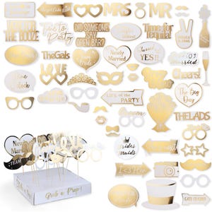 Wedding Photo Booth Props Set – 60 Pc Gold & Pastel Pre-Assembled Kit for Bridal Shower, Reception and Engagement