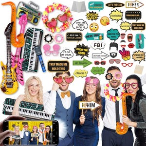 Wedding Photo Booth Props 70 Pc Set – Pre-Assembled Colorful Kit for Reception, Bridal Shower and Engagement