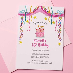 A pink invitation in fancy theme for a 16th birthday party. The whimsical illustration features a fringe, paper chain garland and a birthday cake