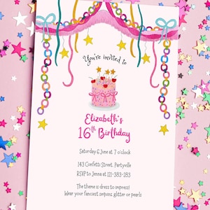 A pink 5x7 invitation card with a watercolor illustration of a vibrant paper chain garland, pink fringe, ribbons hanging streamers and gold stars in the center is a pink sprinkle cake with cherry and star candles.