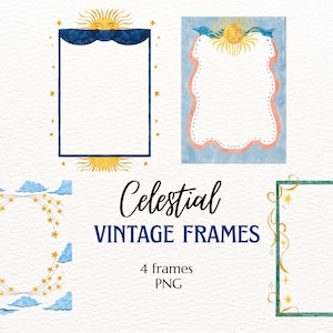 Marcos celestiales dibujados a mano, borde de sol y luna en acuarela, imágenes prediseñadas de estrellas y nubes.