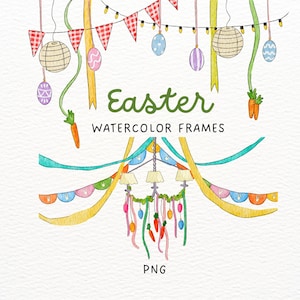 Könnte beinhalten: Aquarell-Illustration mit Osterdekorationen. Das Bild zeigt bunte Wimpelketten, hängende Ostereier, Karotten und Lichterketten. Der Text lautet "Easter Watercolor Frames" in grüner Schrift, mit "PNG" unten.