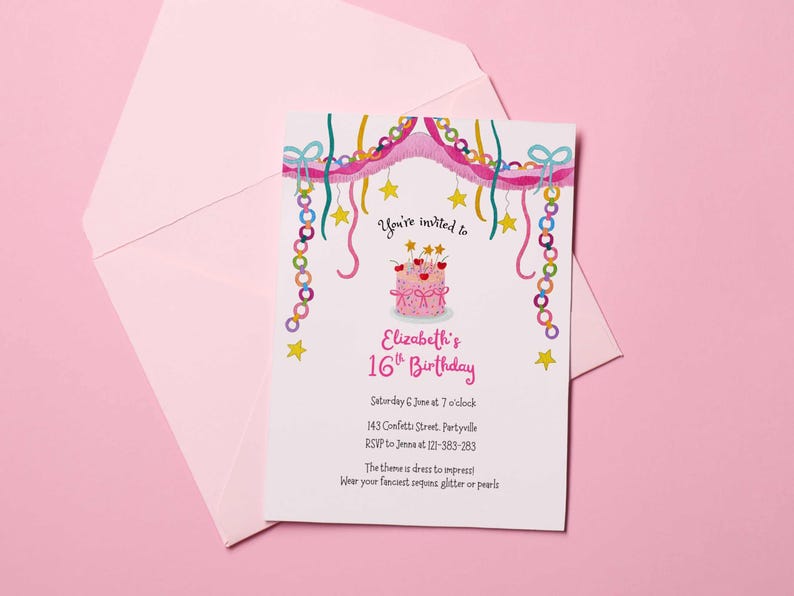 A pink invitation in fancy theme for a 16th birthday party. The whimsical illustration features a fringe, paper chain garland and a birthday cake
