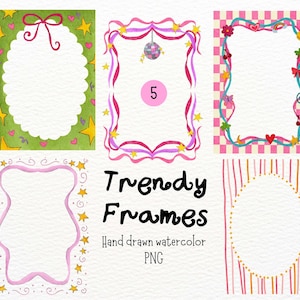 Cornici acquerellate stravaganti disegnate a mano, strisce e bordi ondulati, clipart Y2K PNG